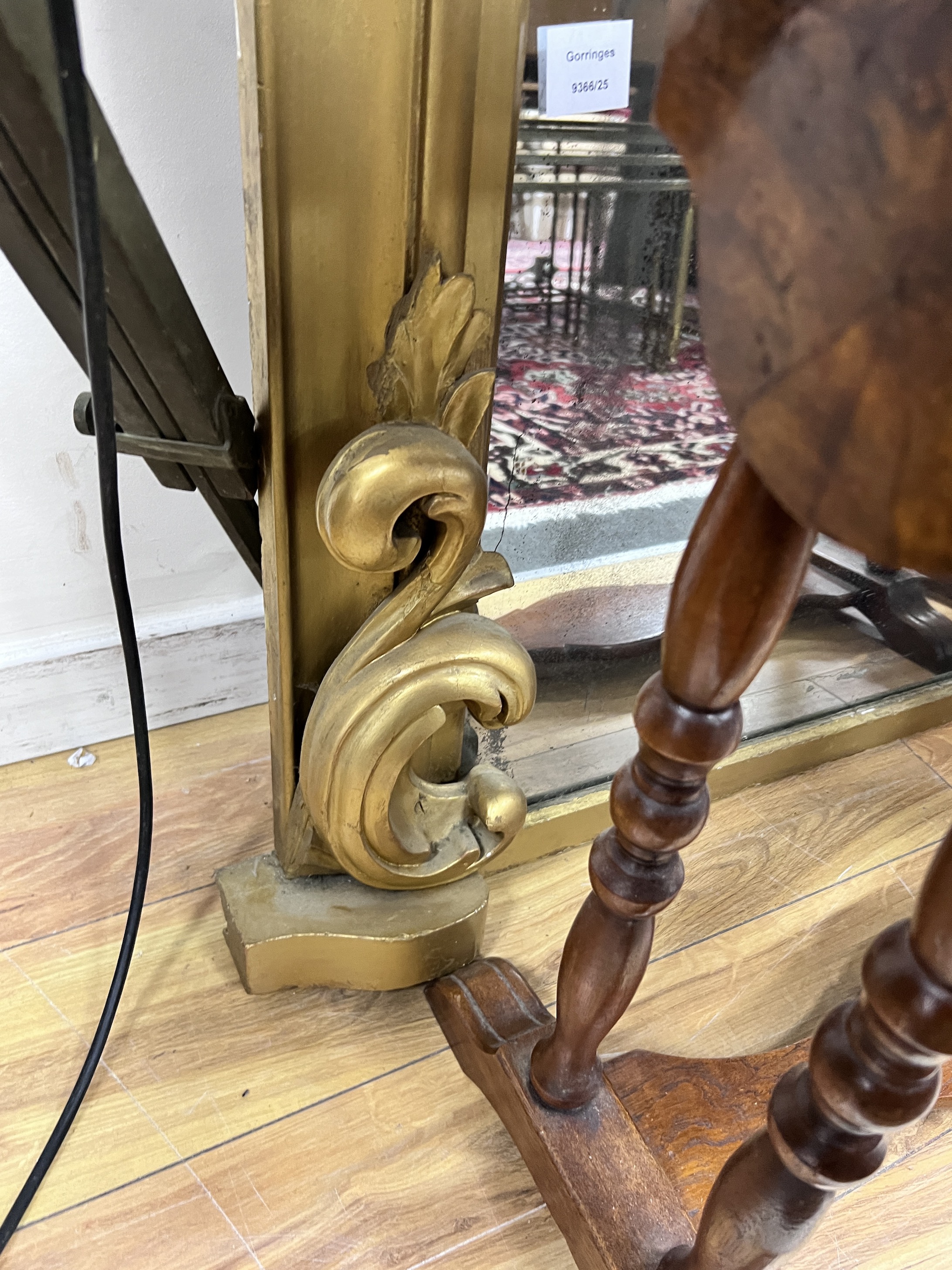 A late Victorian gold painted overmantel mirror, width 154cm, height 176cm